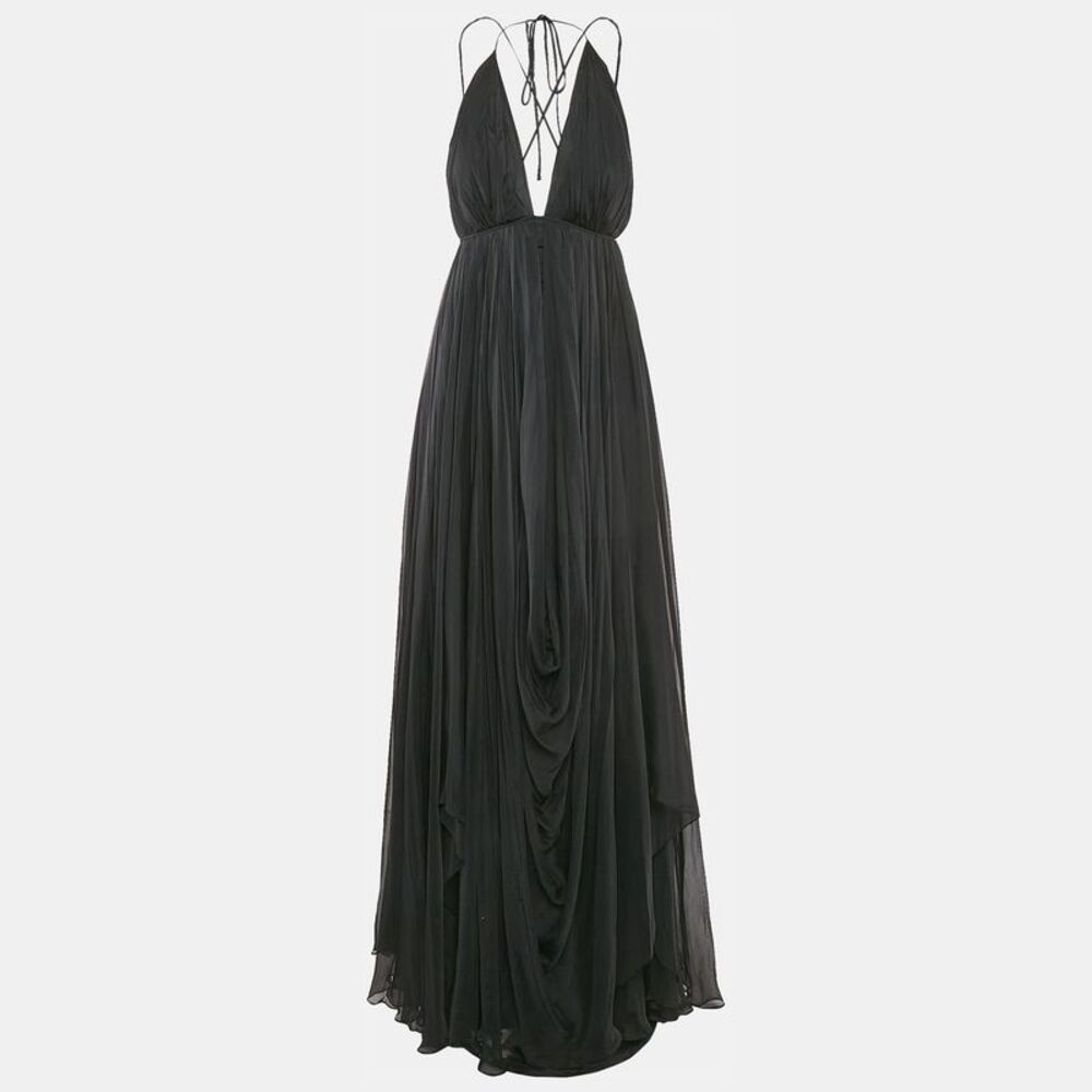 Gauri & Nanika Black Chiffon Draped Maxi Dress M